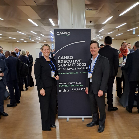 Skykraft’s Michael Frater, CEO (right) and Airways New Zealand’s Katie Wilkinson, General Manager Air Traffic Services (left) announce their partnership to test space-based air traffic management at Airspace World 2023 in Geneva, Switzerland.  