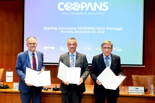 left to right: Jean-Marc Alias, VP Air Traffic Management Thales; Thomas Hoffmann, COO of Austro Control and Chairman of the COOPANS Alliance Board and Jorge Ponce de Leao, President of NAV Portugal at the signing ceremony on September 18 in Brussels.
