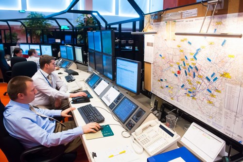 Hungarian air traffic controllers in the new ANS III air traffic control centre.