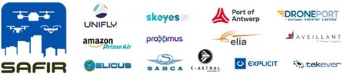 SFAIR Consortium - SAFIR stands for Safe and Flexible Integration of Initial U-space Services in a Real Environment. Led by Unifly, the SAFIR consortium consists of the following organisations: Amazon Prime Air, Aveillant, C-Astral, DronePort, Elia, Explicit, Helicus, the Port of Antwerp, Proximus, SABCA, skeyes and Tekever