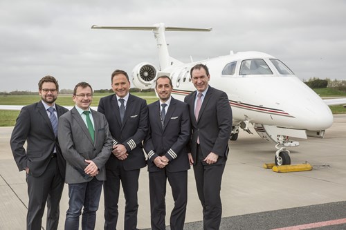Trailblazers in satellite-based approaches (from left to right): Christian Knuschke (Bremen Airport, Head of Aviation), Enrico Stumpf-Siering (DFS Center Bremen, Chief of Section Airspace, procedures and capacity), Christian Glock (Netjets, Pilot), Maurizio Lupi (Netjets, Pilot) and Andre Biestmann (DFS, Director of Airspace and ANS Support).