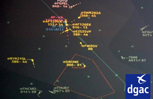 Screenshot from DGAC’s IRMA system displaying a ‘DRONE’ tag (visualisation screen used by air traffic controllers during flight approach)