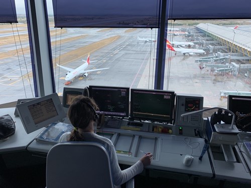 ENAIRE's air traffic controller in a control tower in Madrid