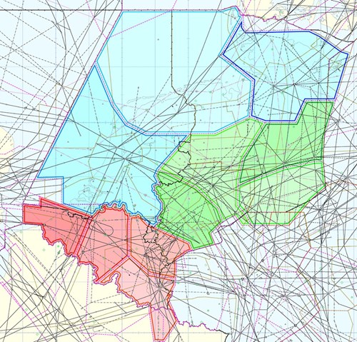 Figure 2. MUAC airspace sector groups: red – Brussels, blue – DECO, green - Hannover
