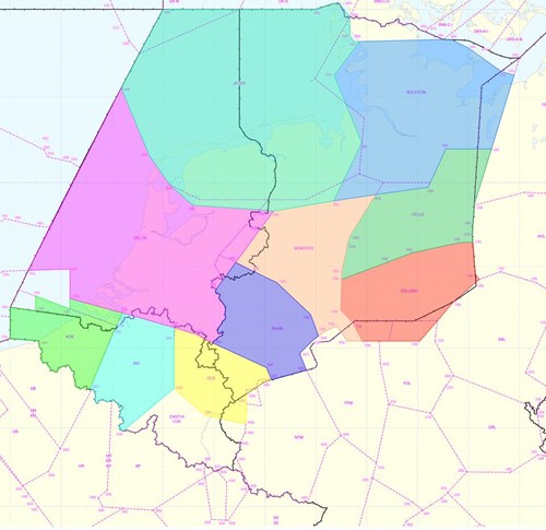 MUAC sector changes implemented on AIRAC date 25 March 2021. Coloured shading shows the sector borders which were reviewed, including coordinates. The former sector borders are displayed as magenta dotted lines for comparison.