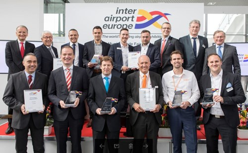 Inter airport Europe award winners, Vanderlande, topsystem Systemhaus GmbH, PaxLift, Zodiac Aerospace and Dedienne Aerospace.