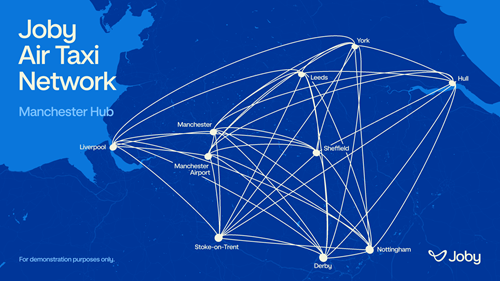 Demonstrative map of possible Joby Virgin Air Taxi Network for Manchester Hub