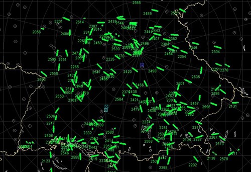 Air situation picture provided by HENSOLDT’s passive radar tracking system, which covers the air space of South Germany. Photo: HENSOLDT Air situation picture provided by HENSOLDT’s passive radar tracking system, which covers the air space of South Germany. Photo: HENSOLDT