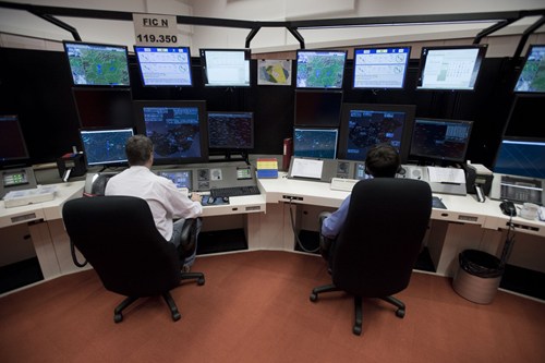 Hungarian air traffic controllers in the new ANS III air traffic control centre.