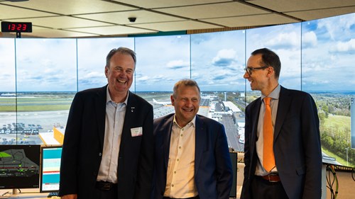 Happy faces amongst the three key players of this important day. Left to Right: Per Ahl, CEO of SAAB, Johan Decuyper, CEO of skeyes, Nicolas Thisquen, President of SOWAER