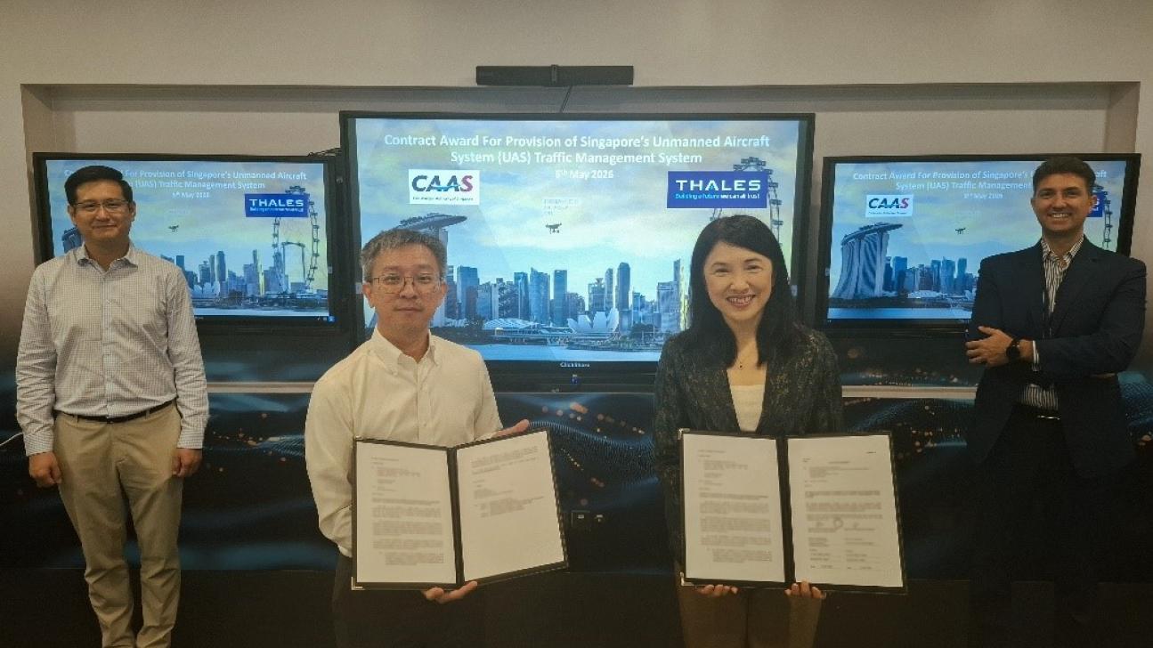 Mr. Keith HUANG, Deputy Director (Unmanned Sys Tech, Engineering & Planning), CAAS; Mr. TAN Chun Wei, Director (Unmanned Systems Technology, Engineering & Planning), CAAS; Emily TAN, Chief Executive Officer and Country Director, Thales in Singapore; Mr. Ludovic LANG, Director Unmanned Traffic Management and Digital Aviation, Thales.